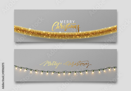 Christmas banner, Xmas sparkling lights garland, posters, cards, headers website.