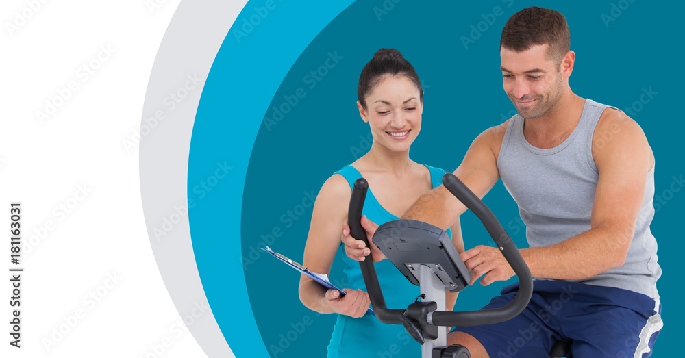 Obraz premium Fitness trainer man and woman with minimal shapes on exercise