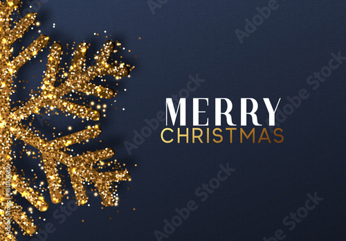 Christmas background with Shining gold Snowflakes. Lettering Merry Christmas card vector Illustration.