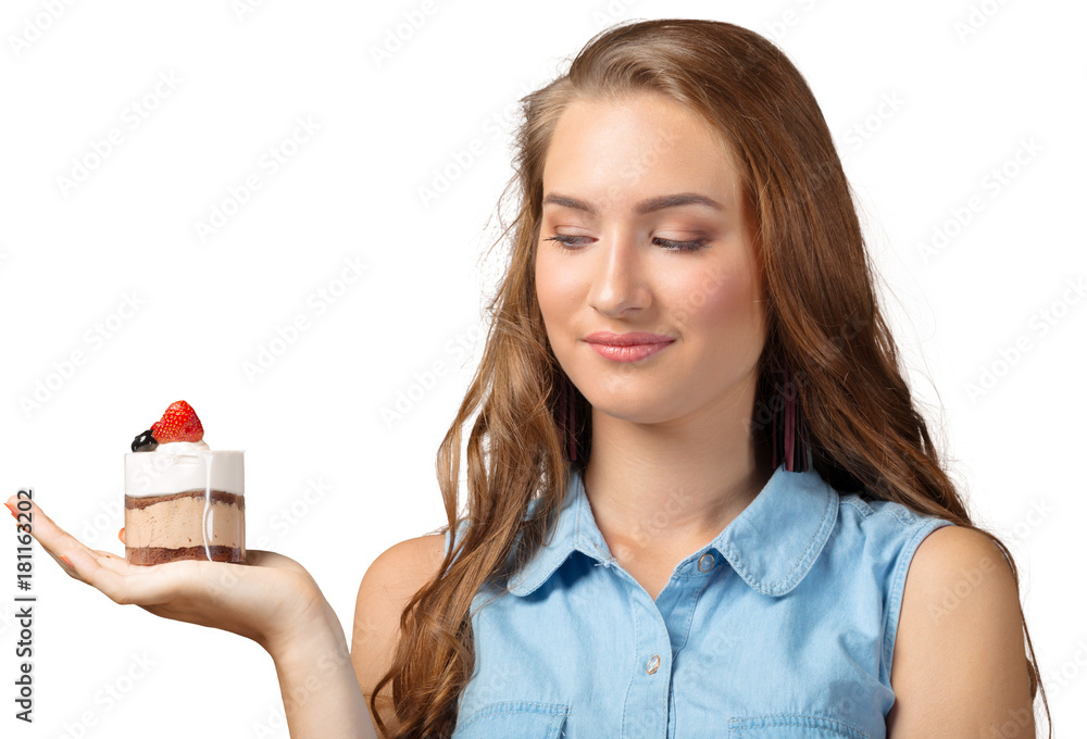 Cute attractive young woman standing and holding cup dessert Cute attractive young woman standing and holding cup dessert