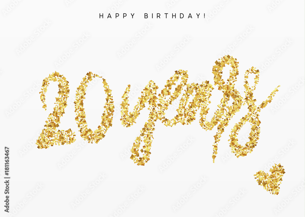 Twenty years, Number 20, lettering sign from golden confetti. Twenty years, Number 20, lettering sign from golden confetti.