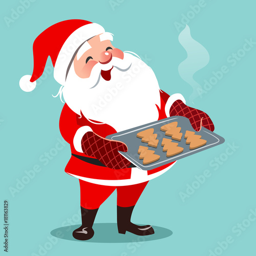 Vector cartoon illustration of cute happy Santa standing, holding baking sheet with Christmas tree shaped cookies. Christmas cooking themed design element in contemporary flat style, isolated on aqua
