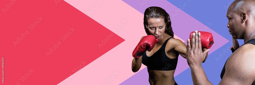 Boxing fitness trainer with woman and minimal shapes Boxing fitness trainer with woman and minimal shapes