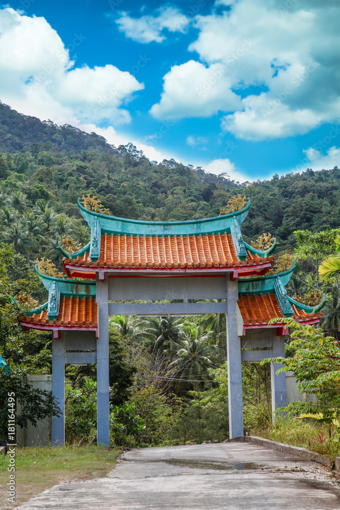 Main entrance gates to Chineese Sangthom Temple of the Goddess of Mercy Shrine in Chaloklum, Ko Pha Ngan, Thailand Main entrance gates to Chineese Sangthom Temple of the Goddess of Mercy Shrine in Chaloklum, Ko Pha Ngan, Thailand