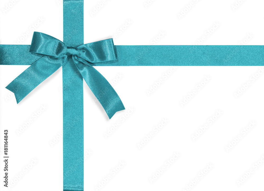 Teal bow satin ribbon isolated on white background with clipping path for gift box wrap and holiday card design decoration element Teal bow satin ribbon isolated on white background with clipping path for gift box wrap and holiday card design decoration element