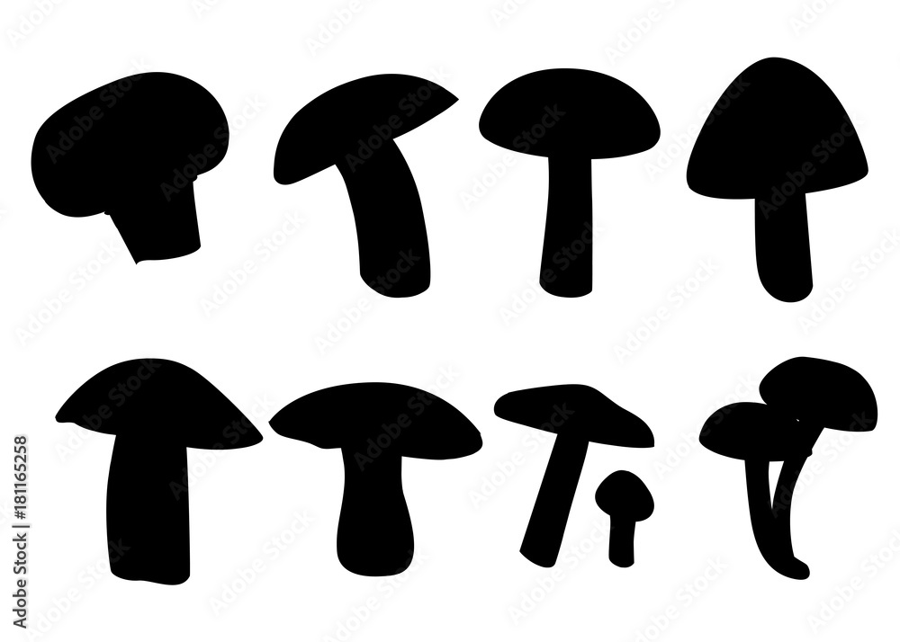 Mushrooms set black silhouettes on white background. Vector isolated elements. Icons.