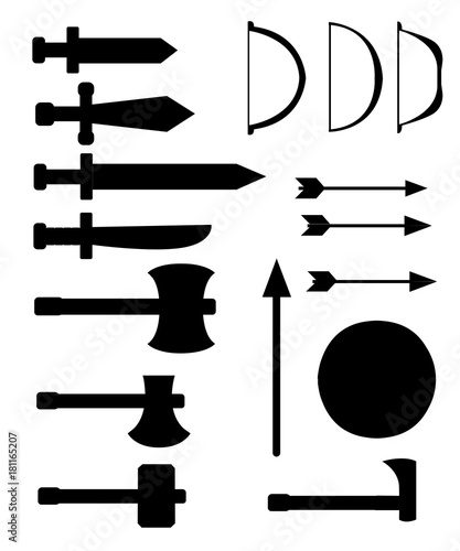 Set of medieval weapons. Antique swords, axes, spear, bows, arrows, shield. Black arms on white background. Vector isolated elements.