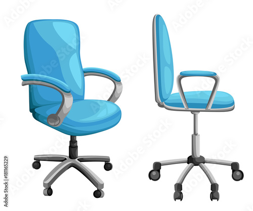 Office or desk chair in various points of view. Armchair or stool in front, back, side angles. Corporate castor furniture flat icon design. Vector illustration.