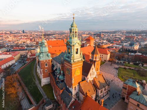 Krakow - Wawel castle at sunset time, frome above, aerial drone view, panorama of the Wawel Royal Castle.