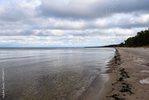 Shoreline of Baltic sea beach with rocks and sand dunes