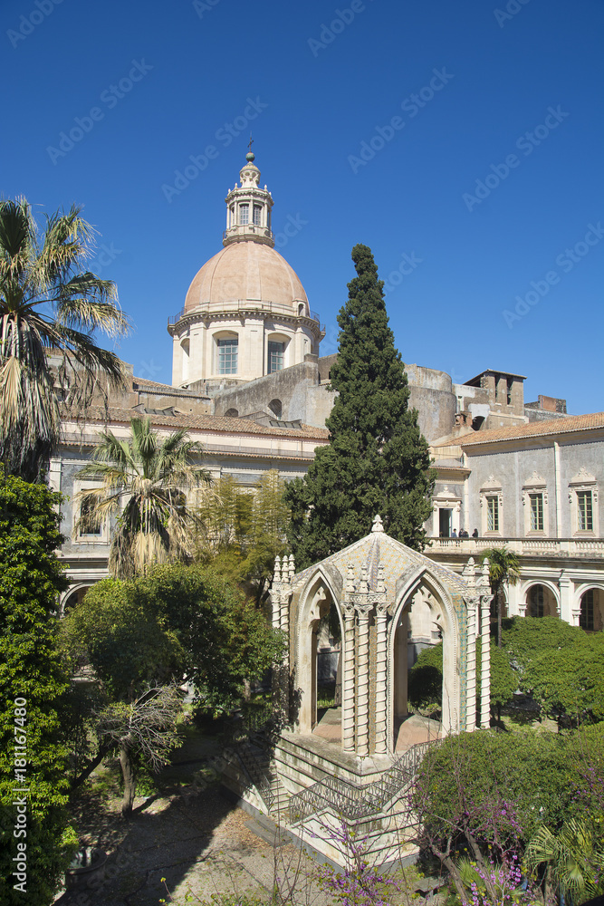 cloister with church dome background