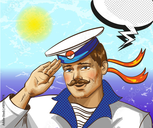 Vector vintage pop art illustration of sailor saluting