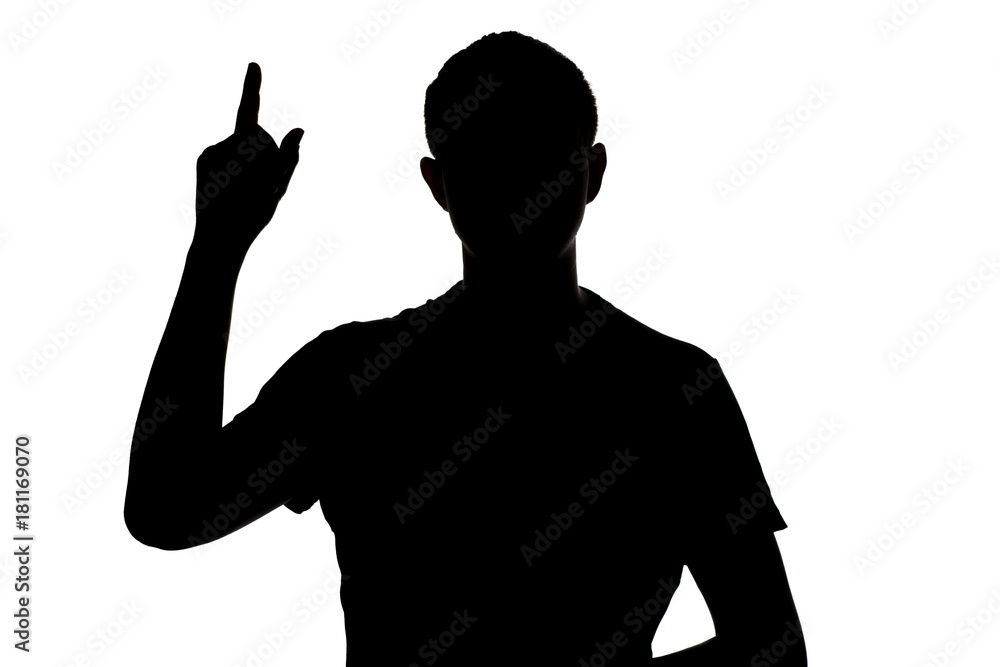 silhouette of an unknown man who dawned on a thought on a white isolated background, concept idea, the man raised his finger up silhouette of an unknown man who dawned on a thought on a white isolated background, concept idea, the man raised his finger up