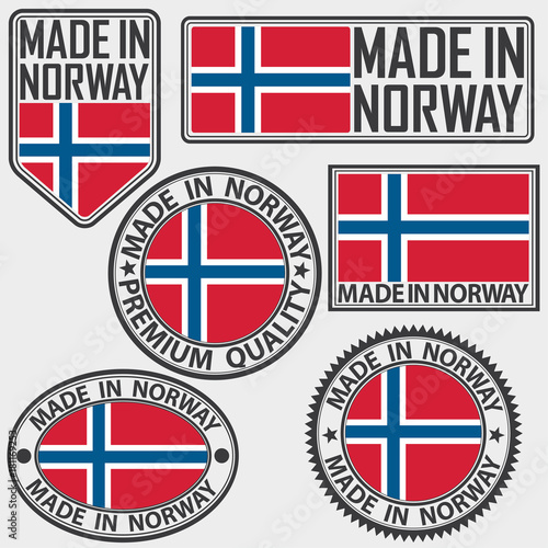 Made in Norway label set with flag, made in Norway, vector illustration