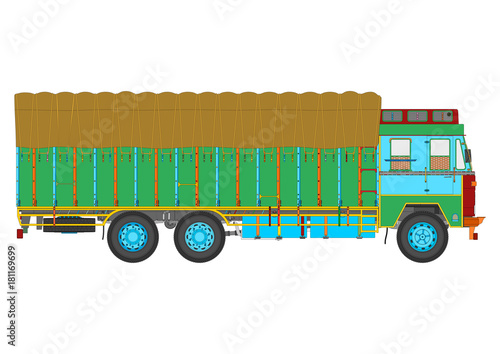 Classic Indian jingle truck. Flat vector.