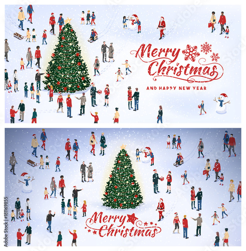 People gathering around the Cristmas tree