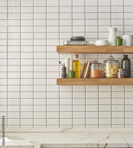 Wallpaper Mural white decorative background wooden shelfs 
kitchen countertops and kitchen accessory Torontodigital.ca