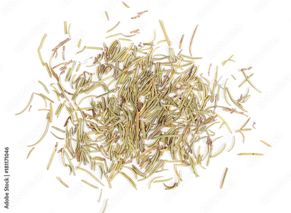 Pile of dry rosemary isolated on white background, top view