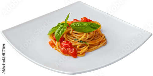 Spaghetti with tomato sauce and basil isolated on white background