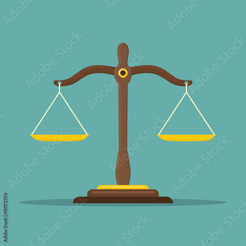 Justice scales icon. Law balance symbol. Libra in flat design. Vector illustration.