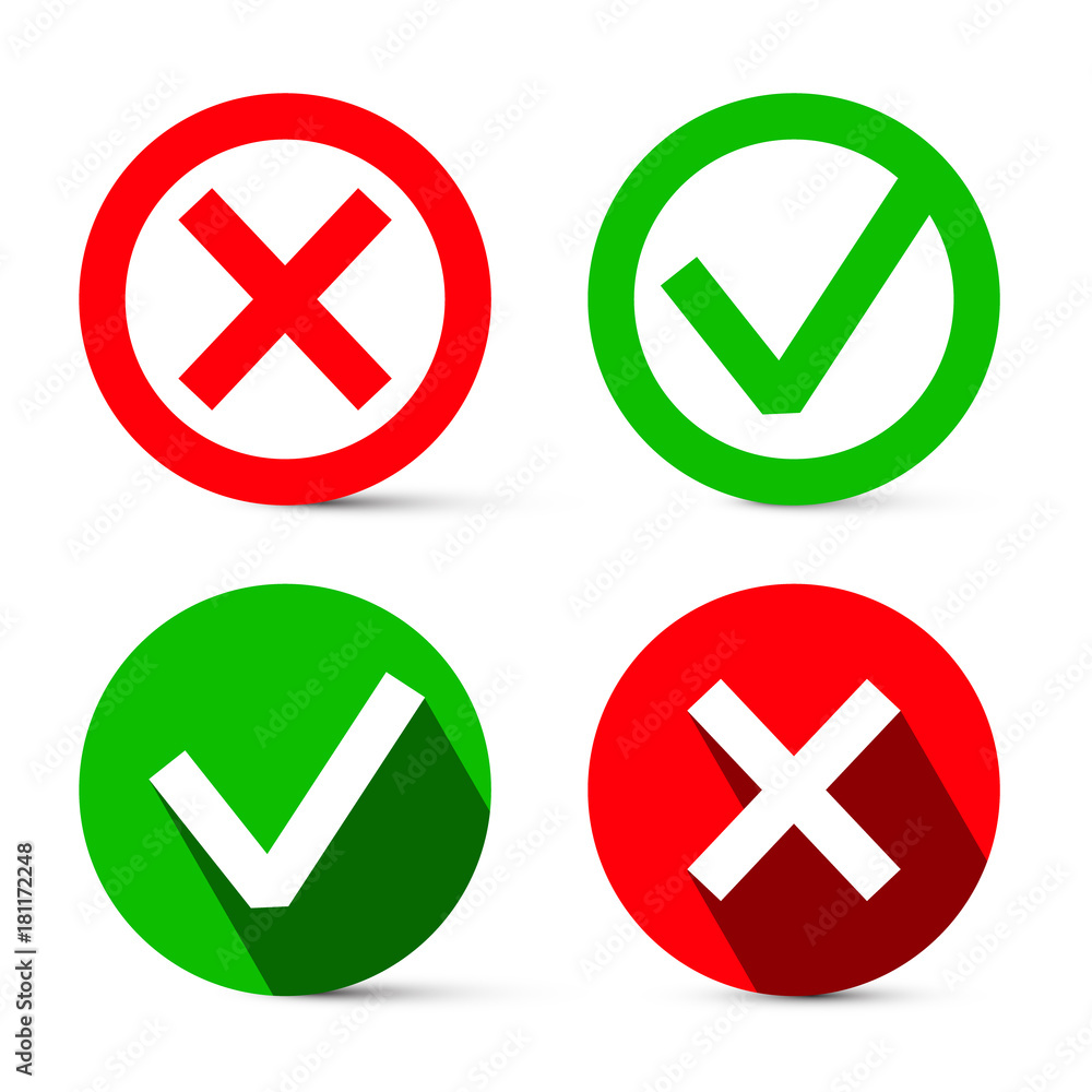 Tick - Cross Red and Green Symbols. Vector Check Mark Icons Set for Web Design Isolated on White Background Tick - Cross Red and Green Symbols. Vector Check Mark Icons Set for Web Design Isolated on White Background