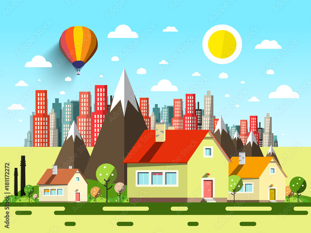 Fototapeta premium Houses and Abstract City. Vector Cartoon.