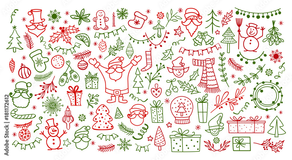 Big set of Christmas design element in doodle style. Winter holiday vector illustration Big set of Christmas design element in doodle style. Winter holiday vector illustration