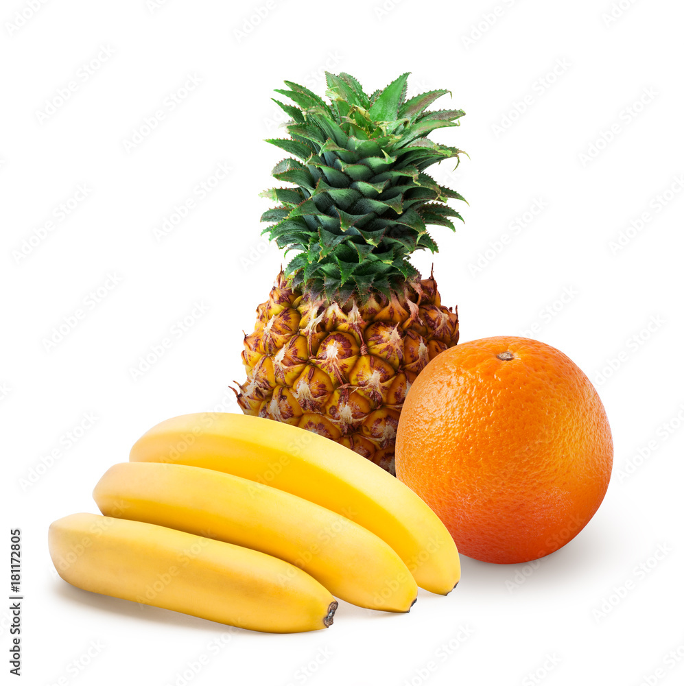Tropical fruits: pineapple, orange and bananas isolated Tropical fruits: pineapple, orange and bananas isolated