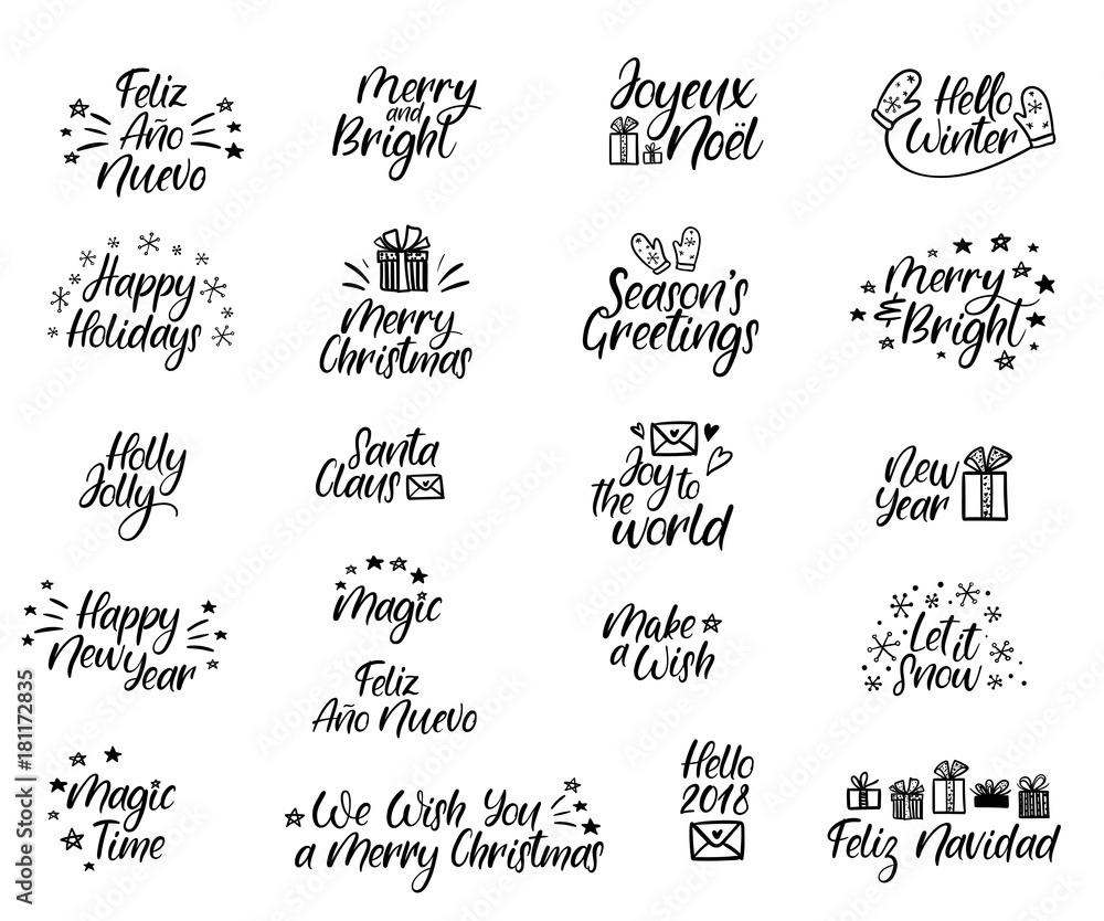 Set of Merry christmas and Happy New Year cards. Modern calligraphy. Hand lettering for greeting cards, photo overlays, invitations, tags. Vector illustration.