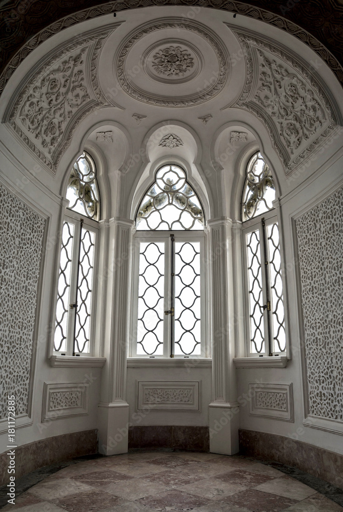 Pena Palace in Sintra, Lisbon district, Portugal. Beautiful large white windows.