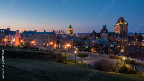 Panoramic view of Quebec city old town and park with Frontenac chateau in background, Canada
