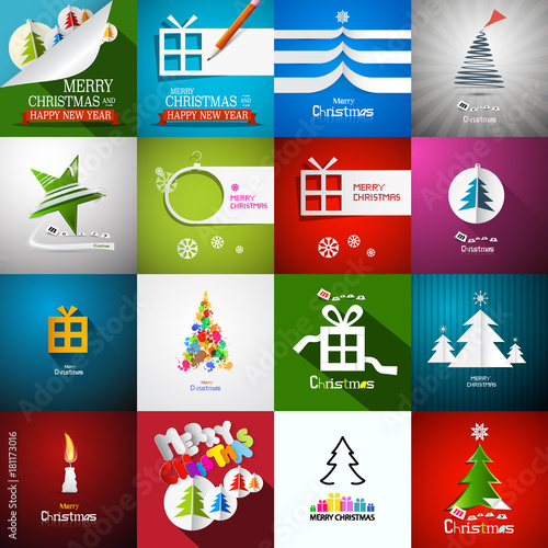 Christmas Cards Set - Vector Paper Cut Xmas Greeting Card Collection