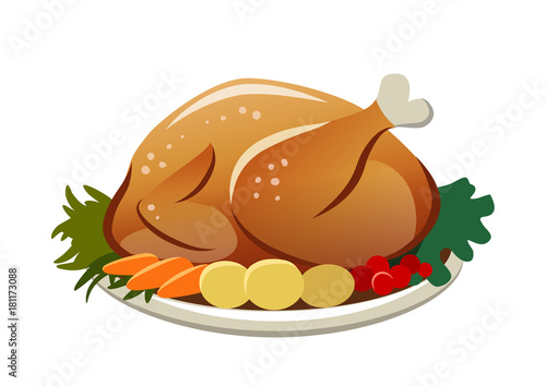 Vector illustration of a roasted turkey on a platter with potatoes, carrots and greens. Thanksgiving, Christmas, dinner food themed design element, flat contemporary style isolated on white.