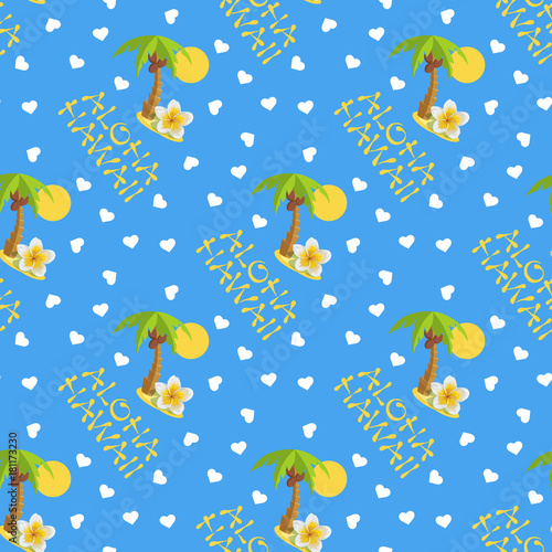 Vector illustration seamless pattern for Hawaii traveling. Tropical island with palm tree.