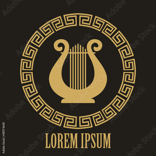 Golden lyre / music theme icon.Harp logo.Lira musical instrument