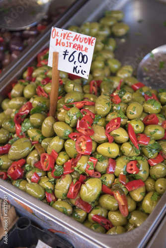 Sicilian olives at fish market Catania Sicily