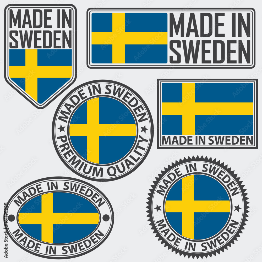 Made in Sweden label set with flag, made in Sweden, vector illustration Made in Sweden label set with flag, made in Sweden, vector illustration