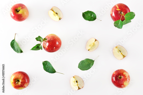 Red apple fruits on white background. Pattern with apples flat lay.