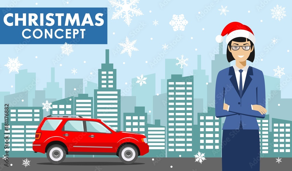 Christmas and New Year business concept. Detailed illustration of young businesswoman in the Santa Claus hat on background with red car and cityscape in flat style. Vector illustration.