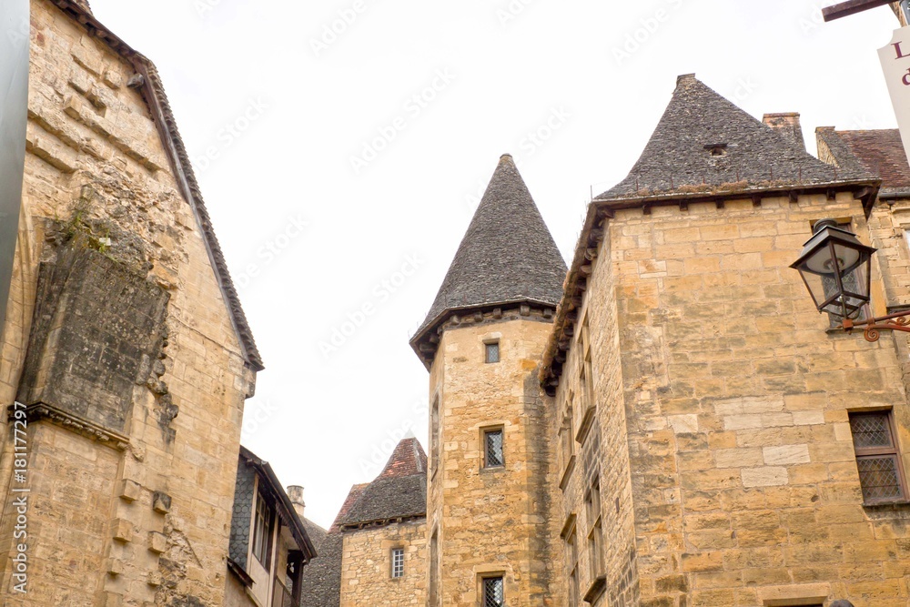 Towers in Sarlat la Caneda made of stone in France