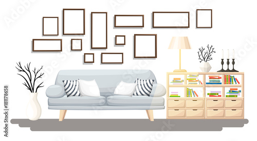 Interior Design. Modern living room with grey sofa, vase, shelf with books and floor lamp. Apartment interior in the flat style. Isolated vector illustration cozy interior on the white background