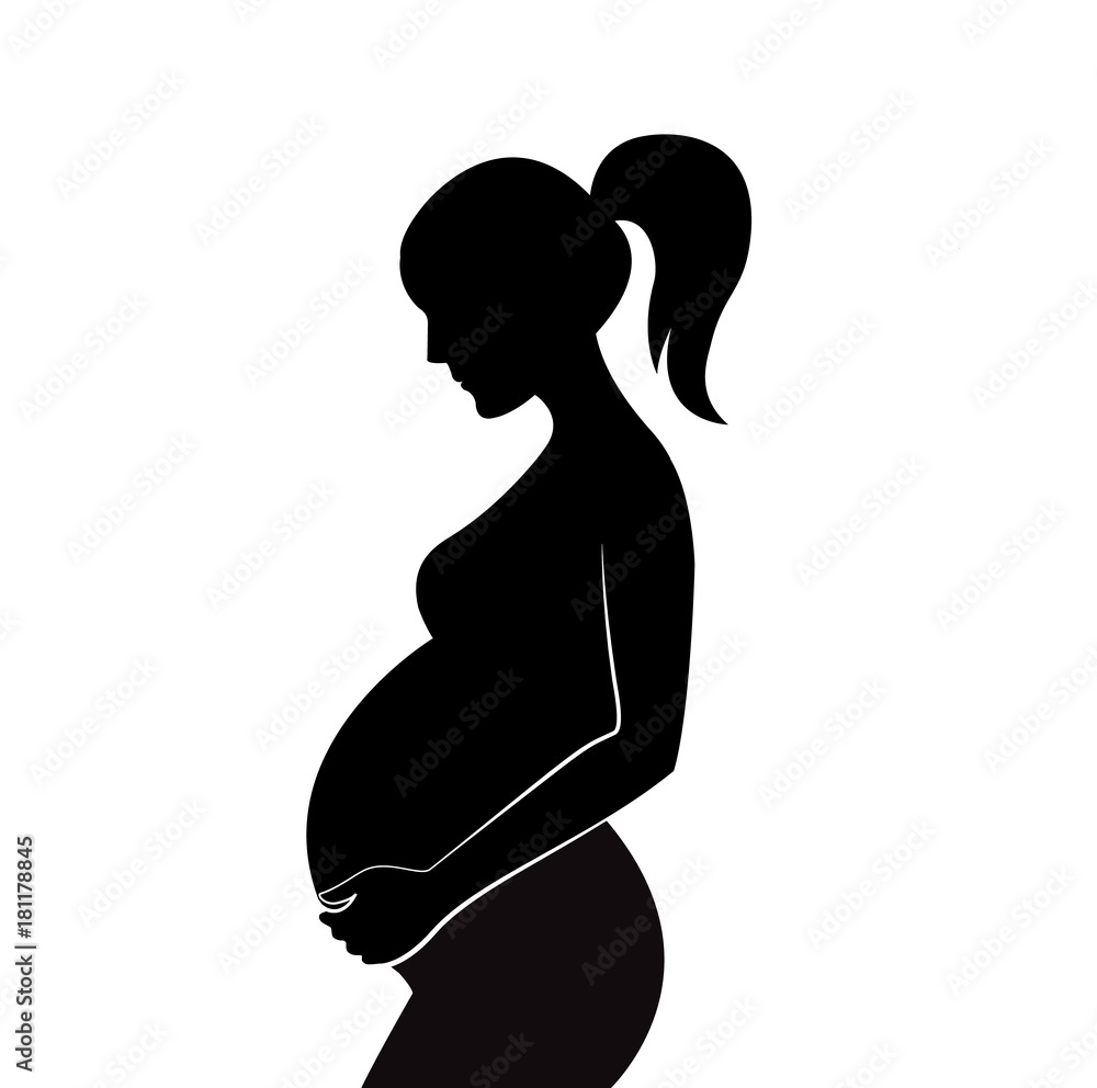 Black silhouette of pregnant woman with ponytail. Vector illustration ...