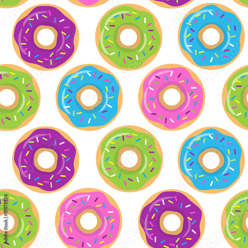 Seamless colorful pattern with glazed donuts on white background. Vector illustration
