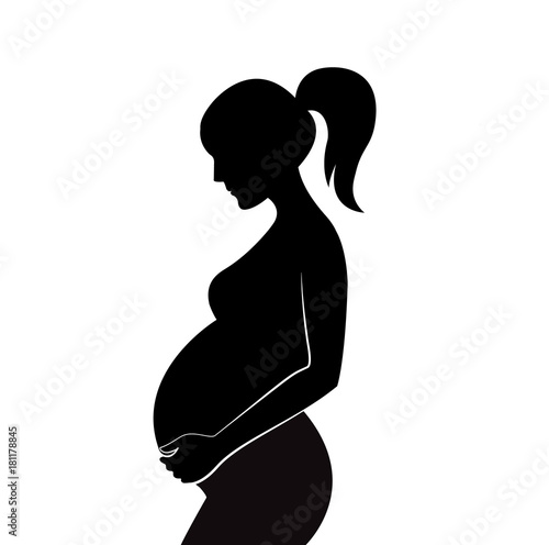 Black silhouette of pregnant woman with ponytail. Vector illustration