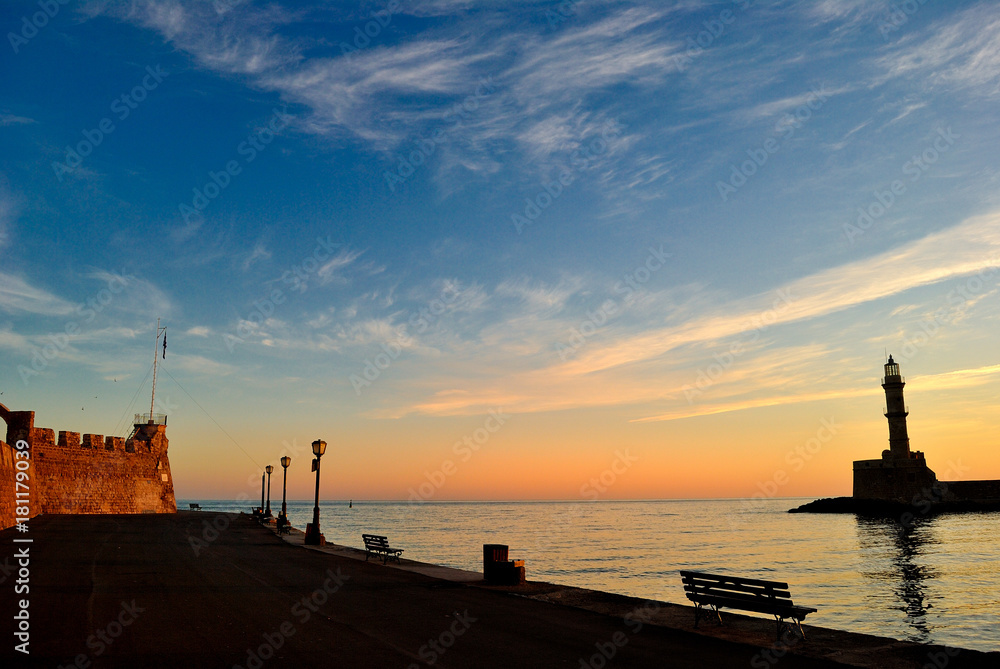 Dawn at port of Chania in Crete Greece