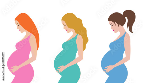 Simple cute colorful vector illustration of pregnant women with different hairstyle. Redhead, blond and brown hair pregnant women