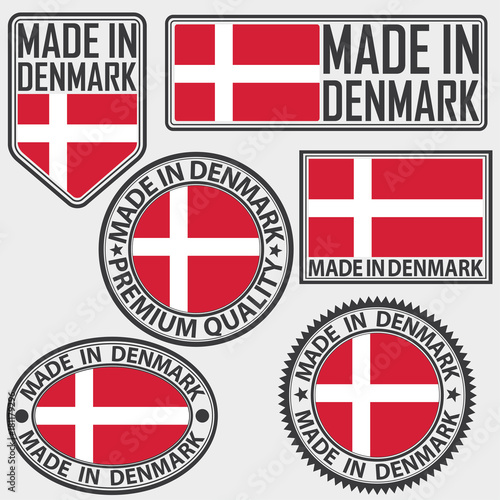 Made in Denmark label set with flag, made in Denmark, vector illustration