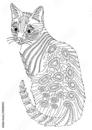 Hand drawn bengal cat. Sketch for anti-stress adult coloring book in zen-tangle style. Vector illustration  for coloring page.
