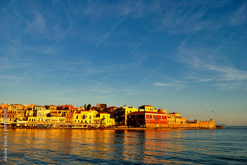 View at sunrise of the old city of Chania in Crete Greece