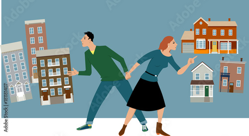 Young couple deciding between a condo and a house, EPS 8 vector illustration